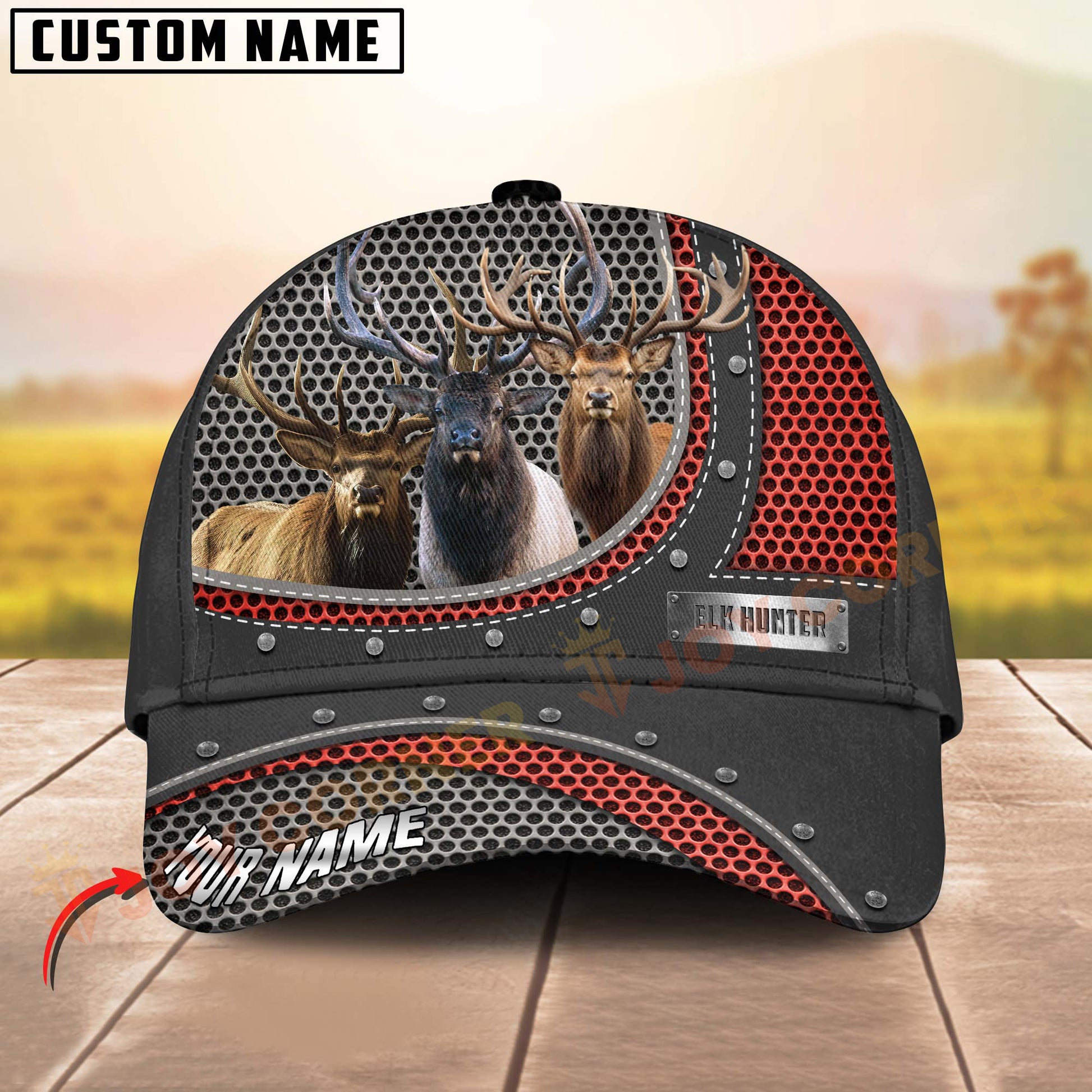 Customizable hunting-themed cap with deer design on a wooden surface and blurred natural background.