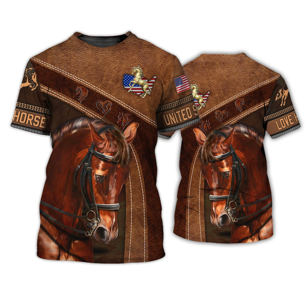 Joycorners American Brown Horse 2 Leather Pattern Custom Name 3D Shirts
