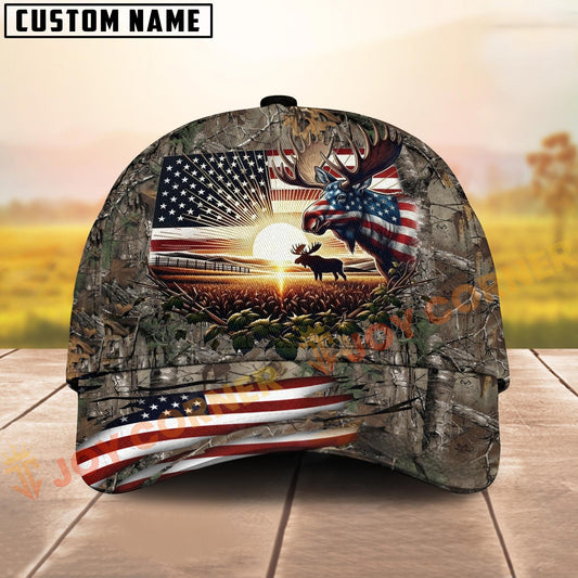 Joycorners Hunting American Flag Moose Sunrise Farm Scene Camo Custom Name 3D Cap  (6 Colors)