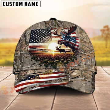 Joycorners Hunting American Flag Moose Sunrise Farm Scene Camo Custom Name 3D Cap  (6 Colors)