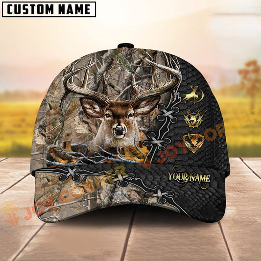 Joycorners Whitetail Deer Hunting Snakeskin Leather Lace Gold Icon Custom Name 3D Cap (6 Colors)