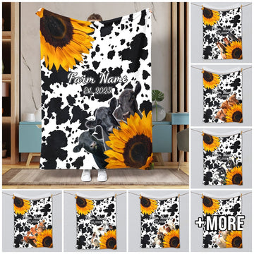 Joycorners Personalized Sunflowers & Cattle – Personalized Farmhouse Blanket (10 Cattle Breeds)