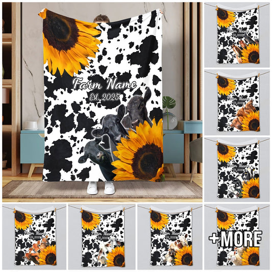 Joycorners Personalized Sunflowers & Cattle – Personalized Farmhouse Blanket (10 Cattle Breeds)