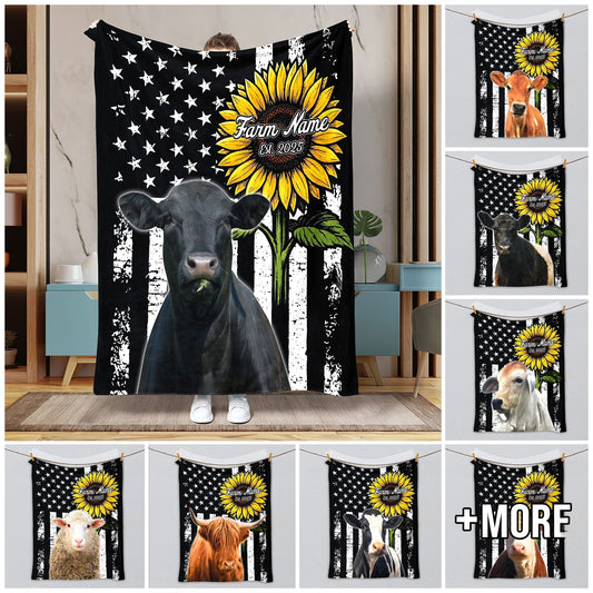 Joycorners Personalized Sunflowers & Cattle USA Flag Farm Blanket (10 Cattle Breeds)