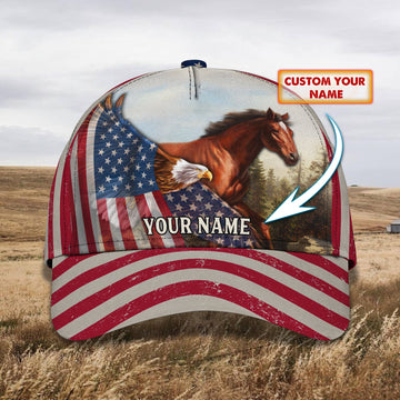 Joycorners Horse And Eagle American Flag Customized Name Cap