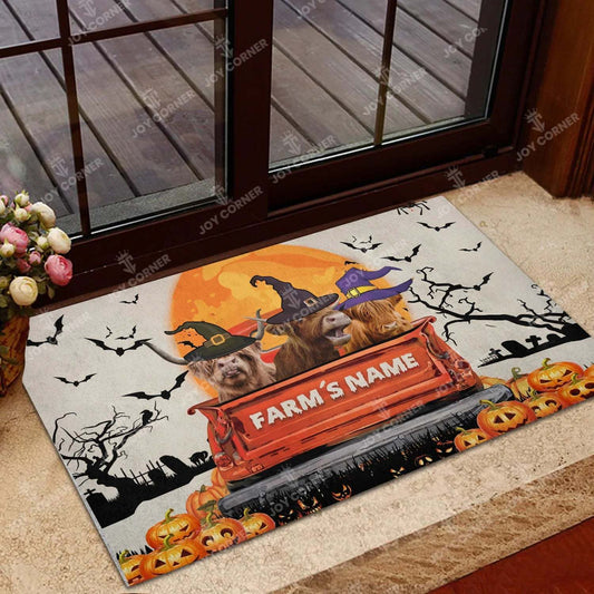 Joycorners Highland Cattle Halloween Truck Custom Name Doormat