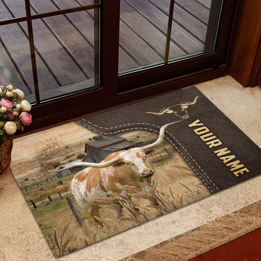 Joycorners Texas Longhorn Custom Name Leather Pattern Doormat