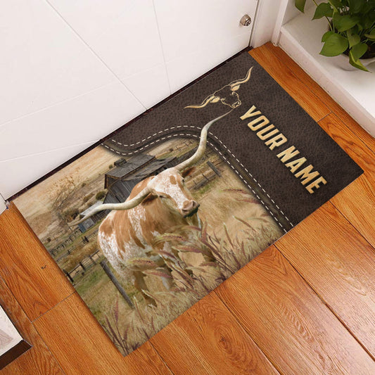 Joycorners Texas Longhorn Custom Name Leather Pattern Doormat