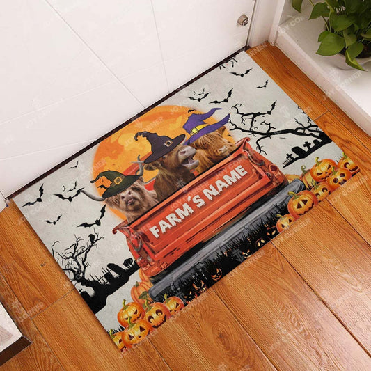 Joycorners Highland Cattle Halloween Truck Custom Name Doormat