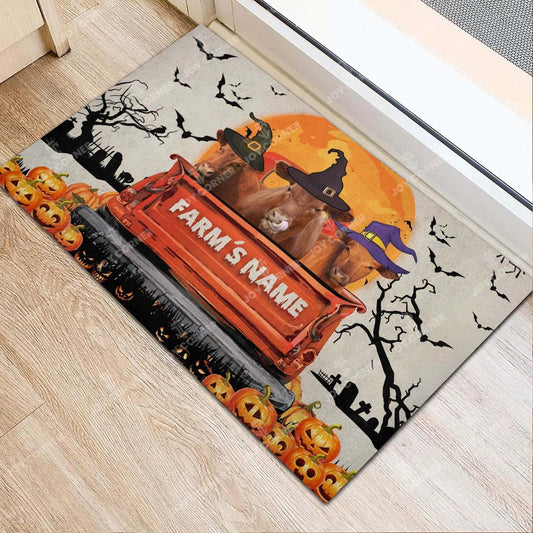 Joycorners Red Angus Halloween Truck Custom Name Doormat