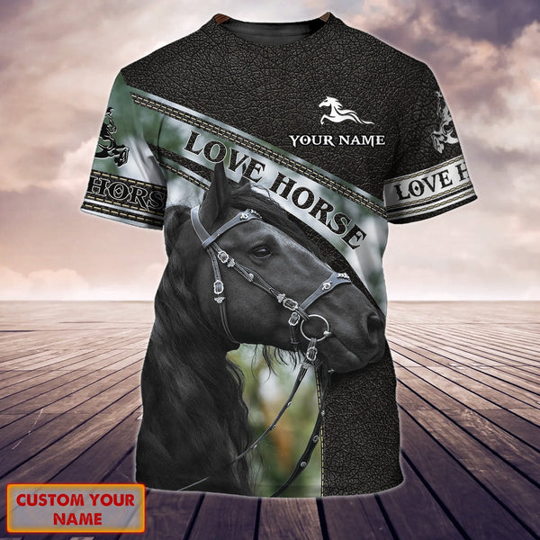 Joycorners Black Horse Lover Leather Pattern Custom Name 3D Shirts
