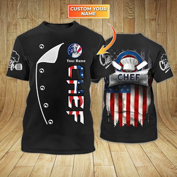 Joycorners Personalized American Chef T Shirt, 3D All Over Printed Chef Shirt Usa Flag Pattern, Chef Shirt