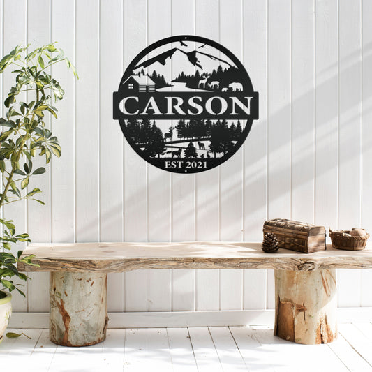 Joycorners Personalized Mountain Cabin Scene with Established Date Metal Sign-Cabin-Hunting Themed Sign-Decor-Outdoor Cabin-Lodge Decor LM0110