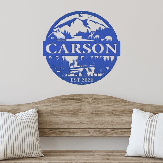 Joycorners Personalized Mountain Cabin Scene with Established Date Metal Sign-Cabin-Hunting Themed Sign-Decor-Outdoor Cabin-Lodge Decor LM0110