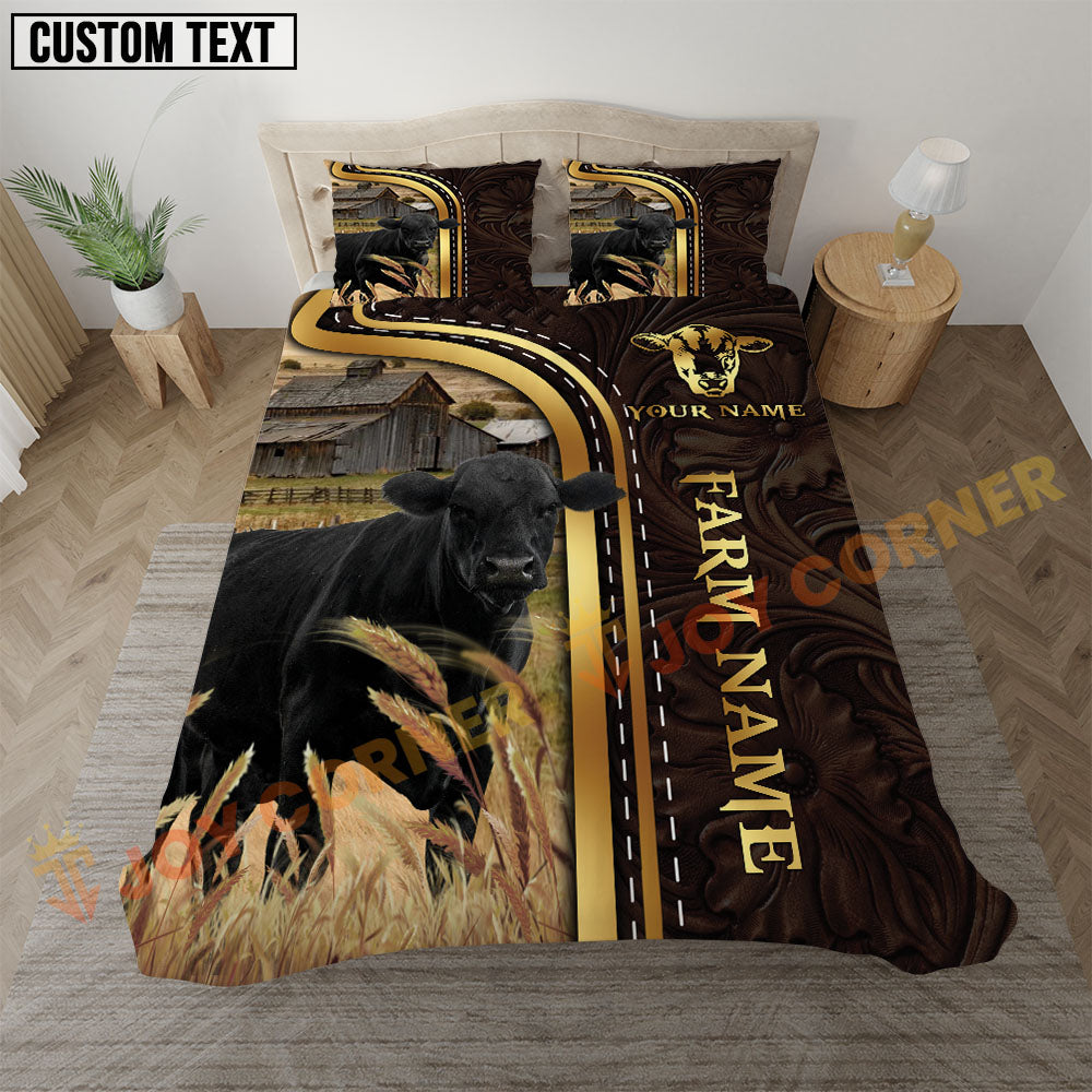 Bedding set with a cow design and customizable text in a room setting.