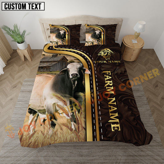 Bedding set with cow design and customizable text in a room setting