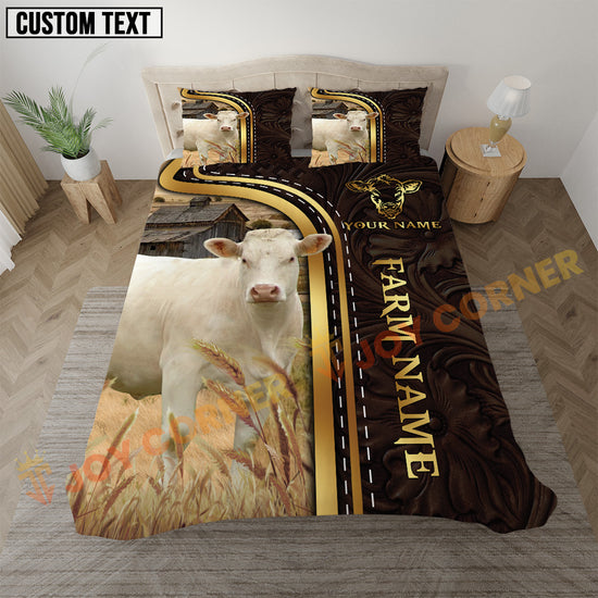 Bedding set with cow design and customizable text in a bedroom setting