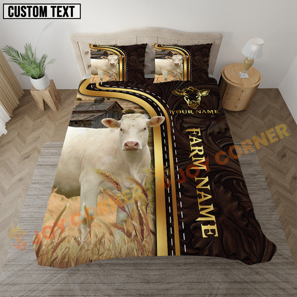 Bedding set with cow design and customizable text in a bedroom setting