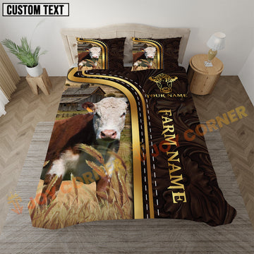 Bedding set with cow design and customizable text in a room setting