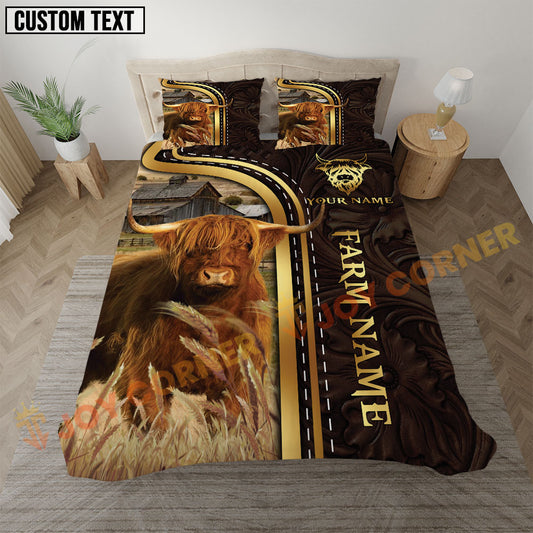 Bedding set with a highland cow design in a bedroom setting