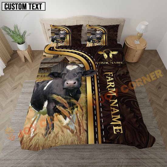Bedding set with cow design and customizable text in a room setting