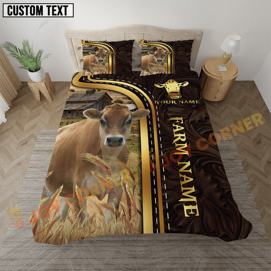 Bedding set with cow design and customizable text in a bedroom setting