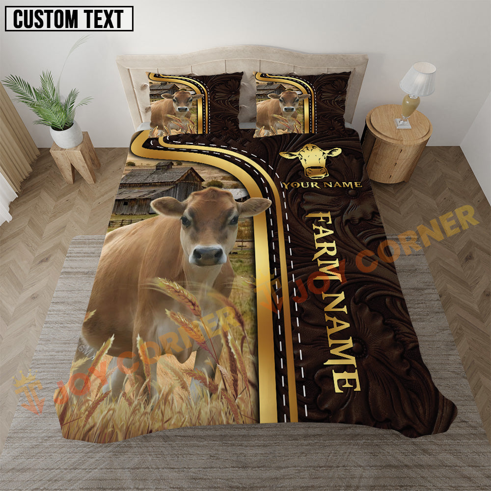 Bedding set with cow design and customizable text in a bedroom setting