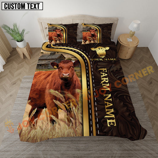 Bedding set with cow design and customizable text in a bedroom setting