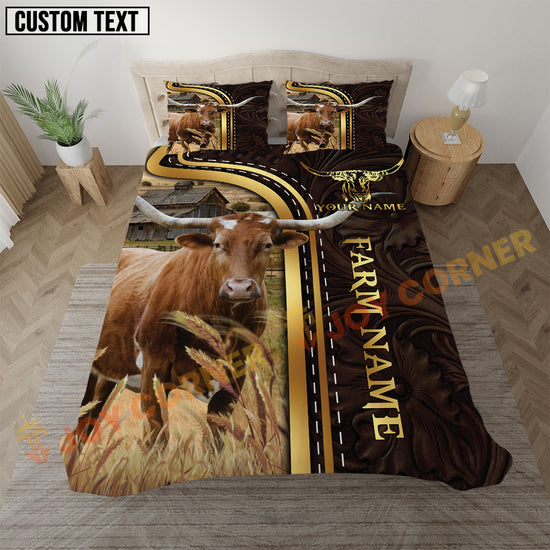 Bedding set with cow design and customizable text in a bedroom setting