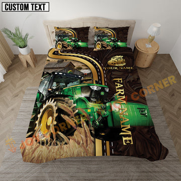 Bedding set with tractor design and customizable text in a bedroom setting.