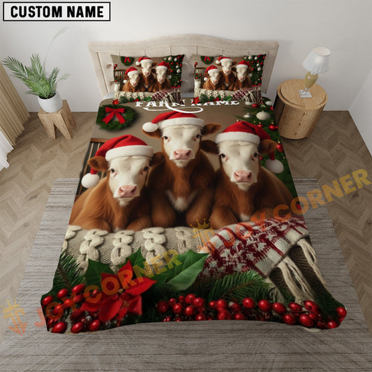 Joycorners Hereford Cozy Ranch Personalized Name Merry Christmas Cow Bedding set