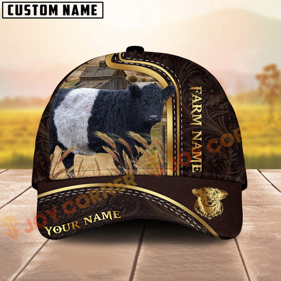 Cap with cow design and customizable text on a wooden surface with a blurred background
