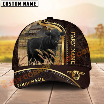 Customizable cap with a black bull design on a farm, featuring text for personalization.