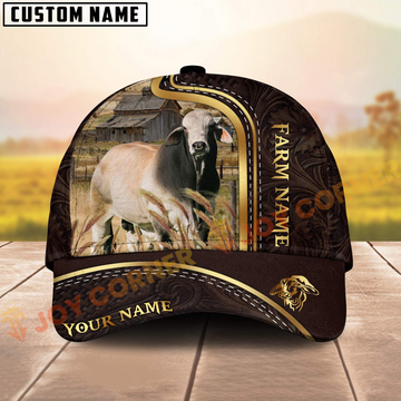 Cap with farm animal design and customizable text on a wooden surface with a blurred background