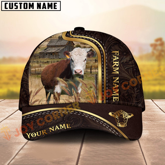 Joycorners Hereford Cattle Golden Line Tooled Leather Customized Name 3D Classic Cap