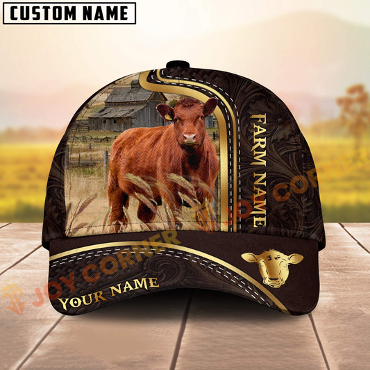 Joycorners Red Angus Cattle Golden Line Tooled Leather Customized Name 3D Classic Cap