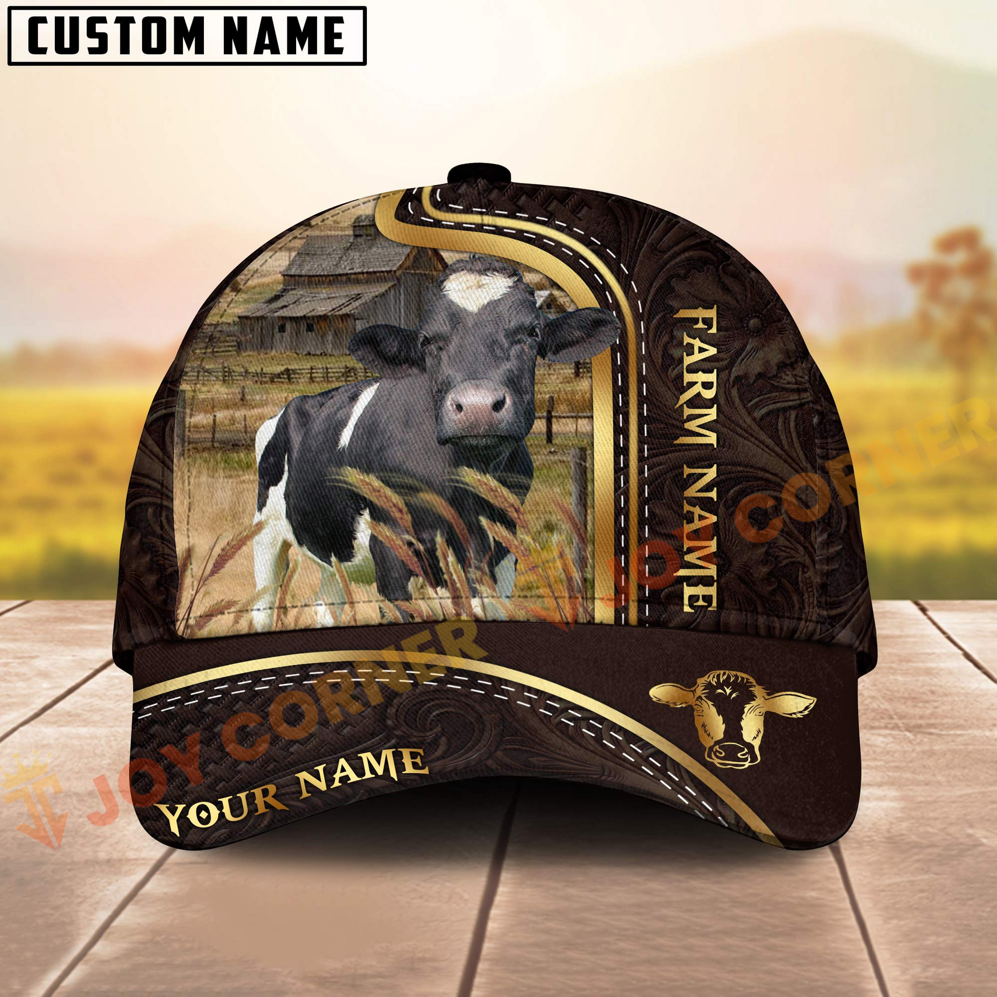 Cap with cow design and customizable text on a wooden surface with a blurred background