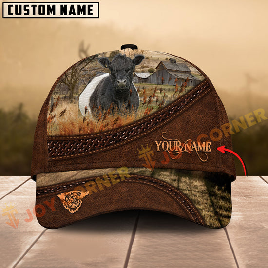 Cap with cow design and customizable text on a wooden surface