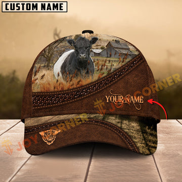 Cap with cow design and customizable text on a wooden surface