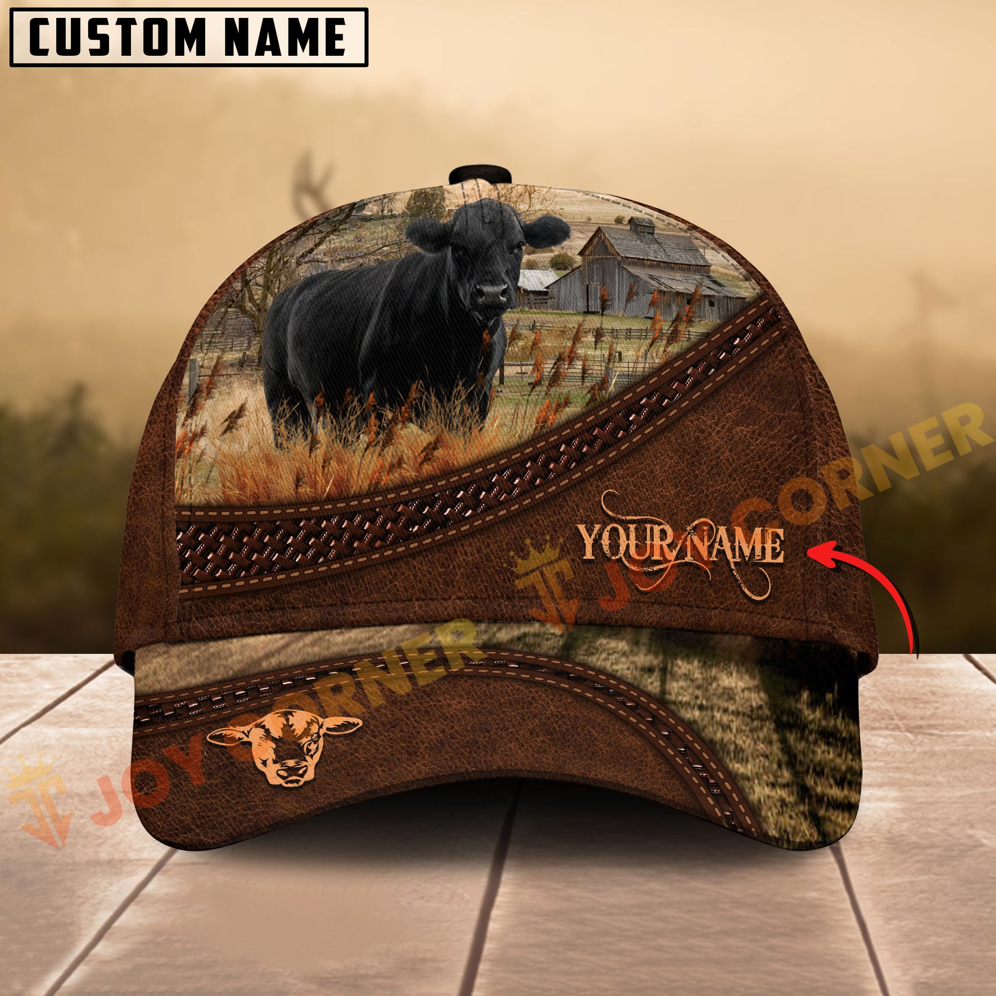 Customizable cap with a cow design on a wooden surface