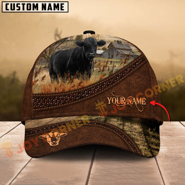 Customizable cap with a cow design on a wooden surface