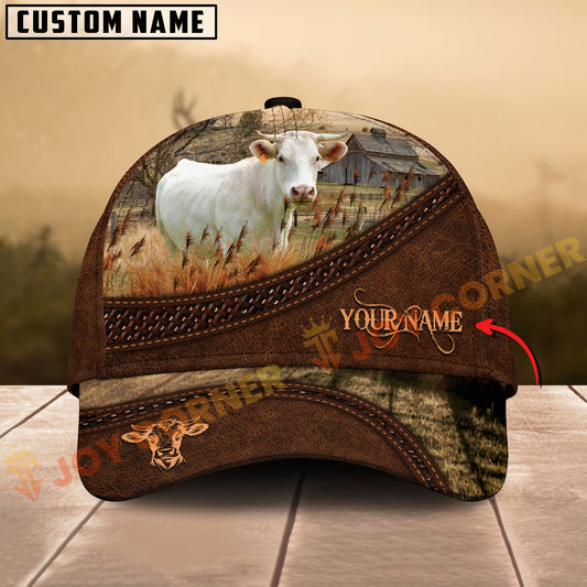 Cap with cow design and customizable text on a wooden surface