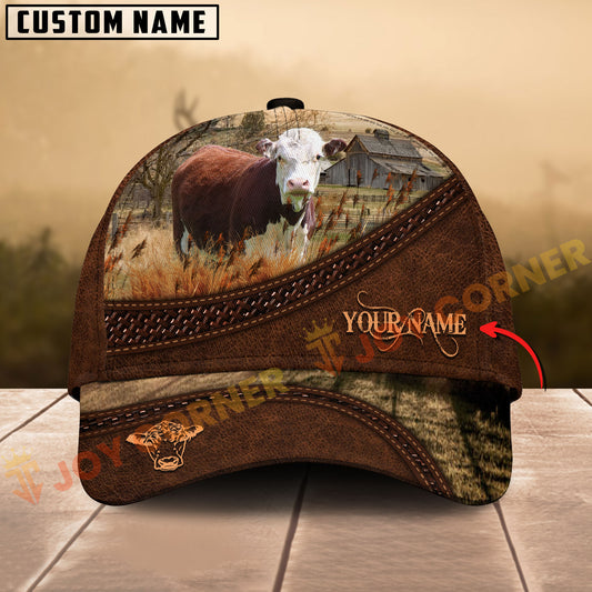 Cap with cow design and customizable text on a wooden surface