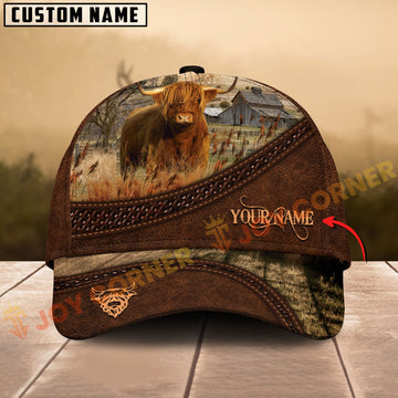 Customizable cap with a cow design on a wooden surface, featuring the brand 'Joy Corner'.