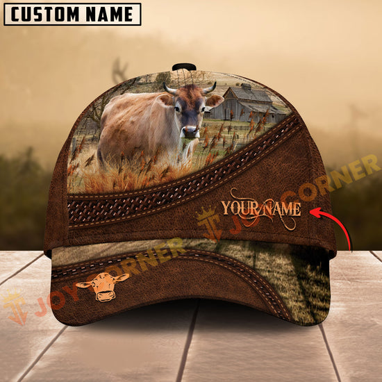 Customizable cap with cow design on a wooden surface