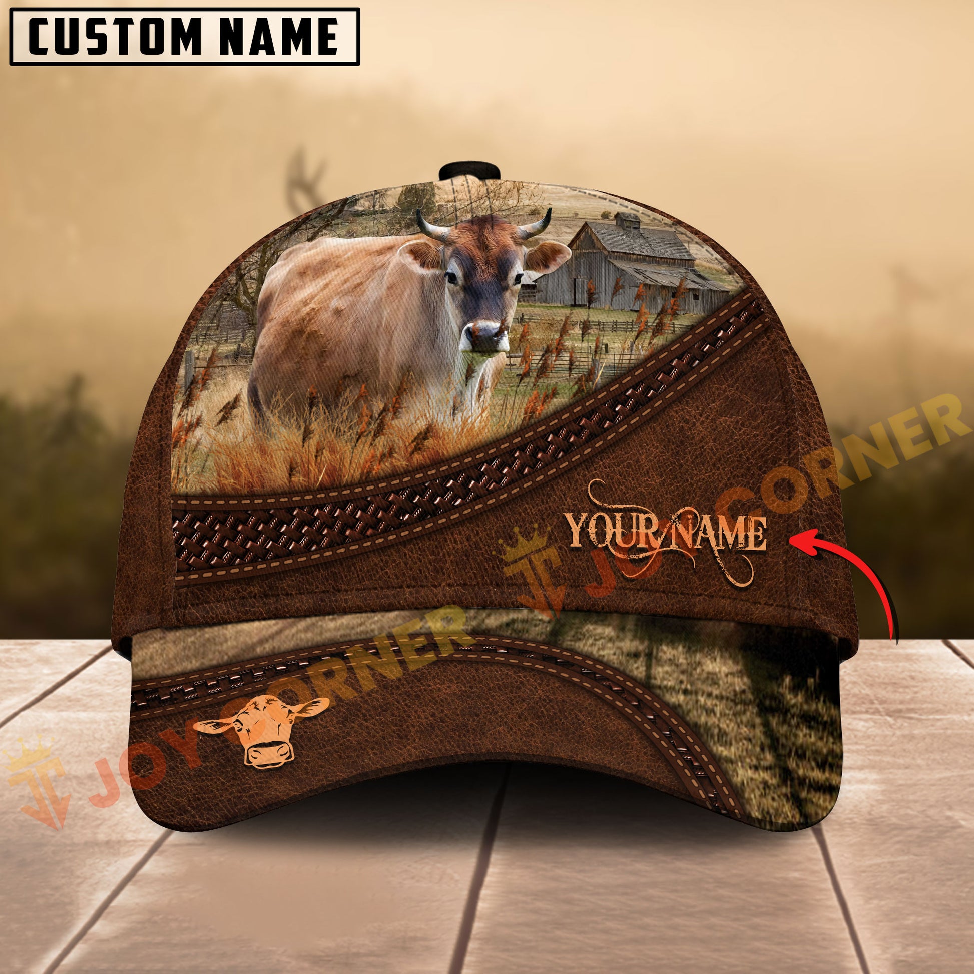 Customizable cap with cow design on a wooden surface