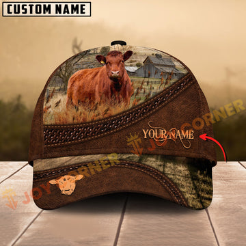 Joycorners Red Angus Cattle Tooled Pattern Leather Customized Name 3D Classic Cap