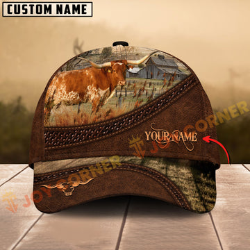 Joycorners Texas Longhorn Cattle Tooled Pattern Leather Customized Name 3D Classic Cap