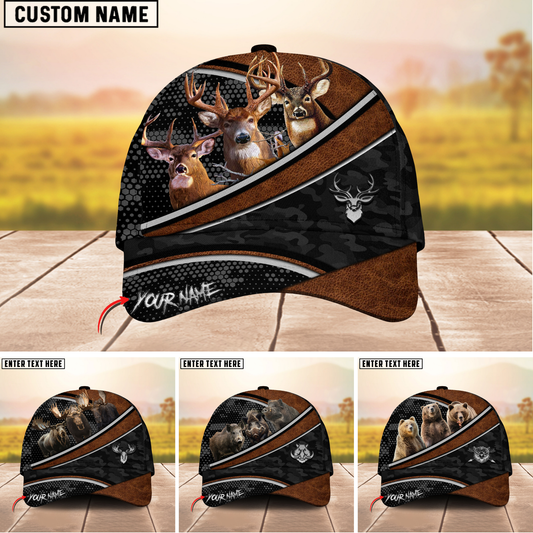 Joycorners Trio Hunting Leather & Camo Pattern Personalized Name 3D Cap (Deer/Moose/Bear/Boar)