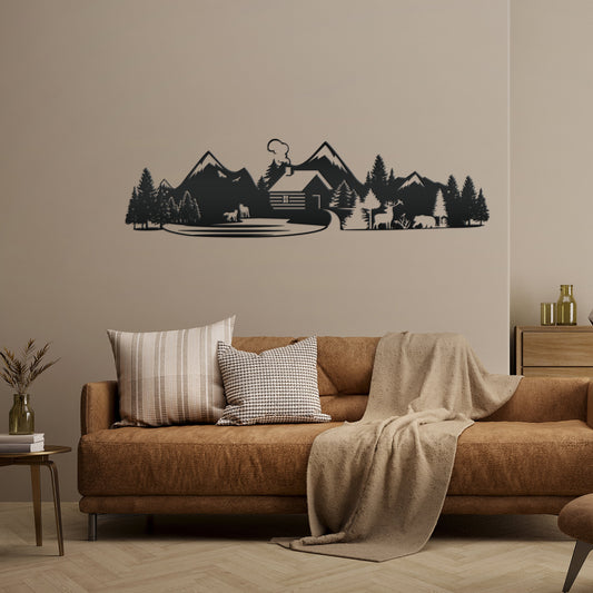 Joycorners Outdoor Mountain Cabin Silhouette Nature Scene Metal Sign-Cabin Decor-Rustic Decor for Cabin Themed Home-Lodge Decor LM0110